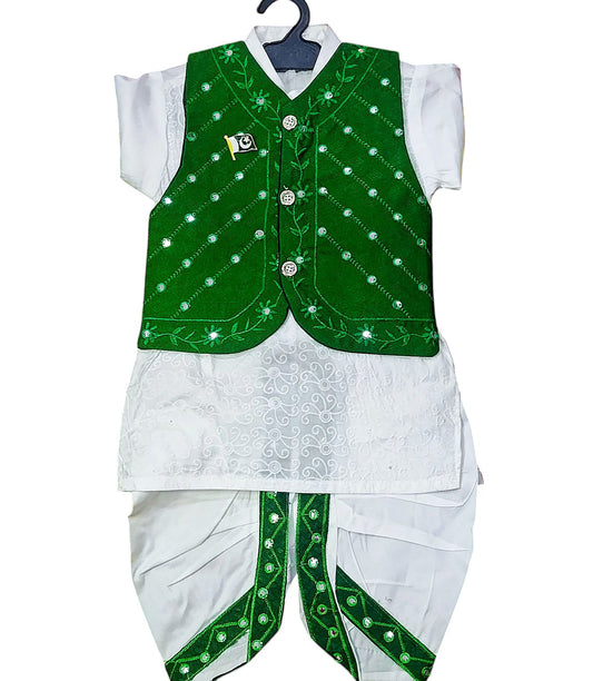 Independence Day Special – Boys' White & Green Dhoti Kurta Set with Embroidered Sitara Waistcoat (1–5 Years)