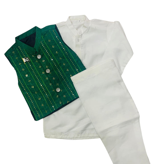 3 piece Greean and White Shalwar Kameez with waistcoat -Independance day special (1 -5 years)