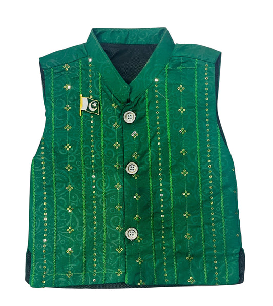 3 piece Greean and White Shalwar Kameez with waistcoat -Independance day special (1 -5 years)